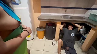 Shameful plumber adjusts the cunny of a warm neighbor super-bitch while she asks for more